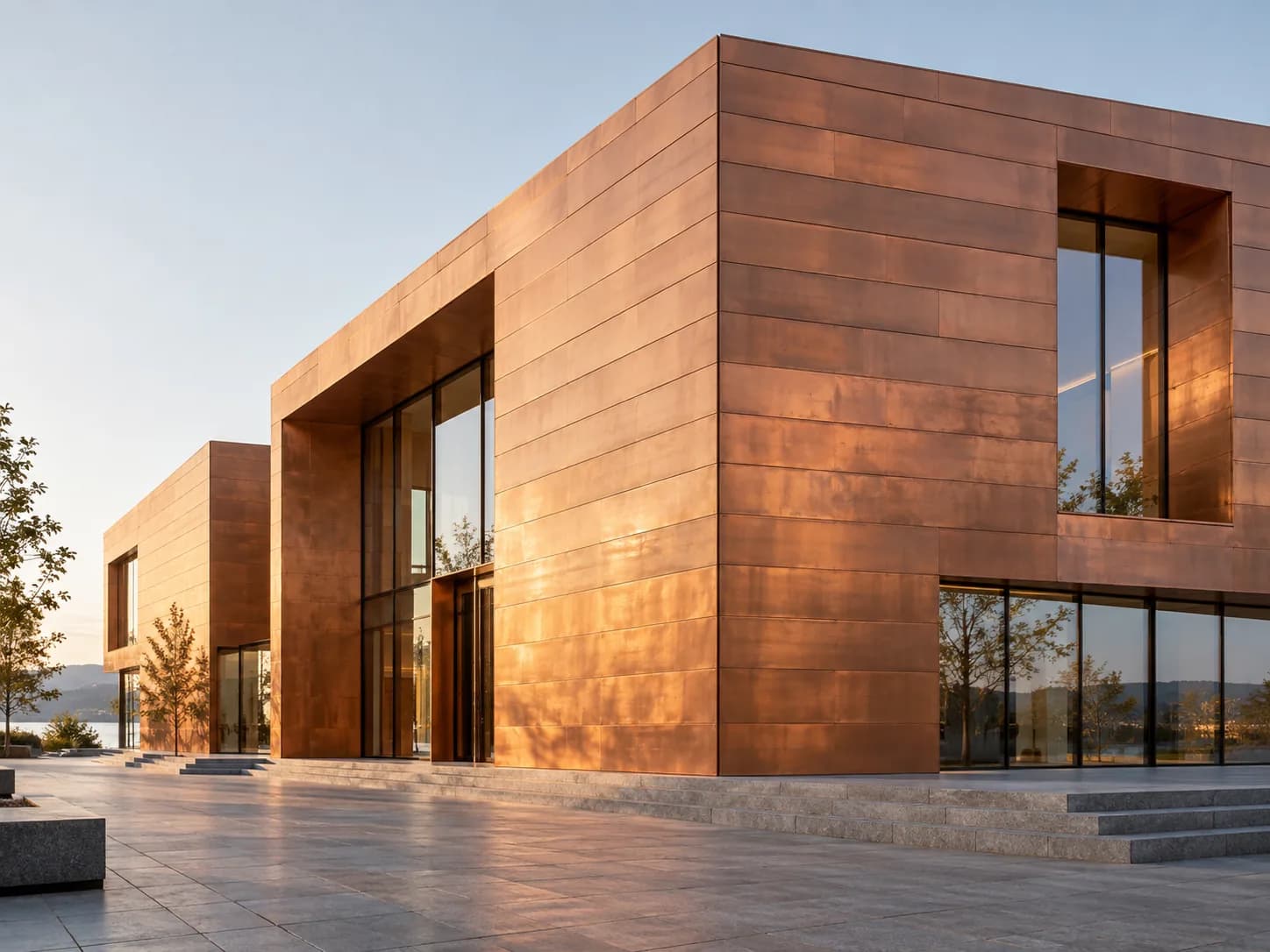 Building façade clad in natural copper panels