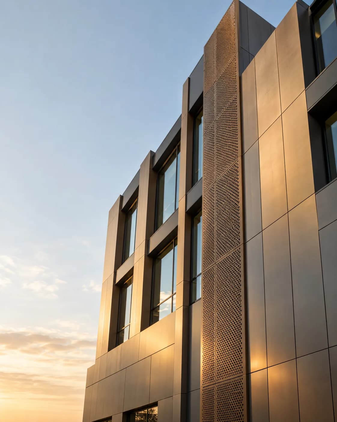 Metal-clad façade with perforated screen at sunset