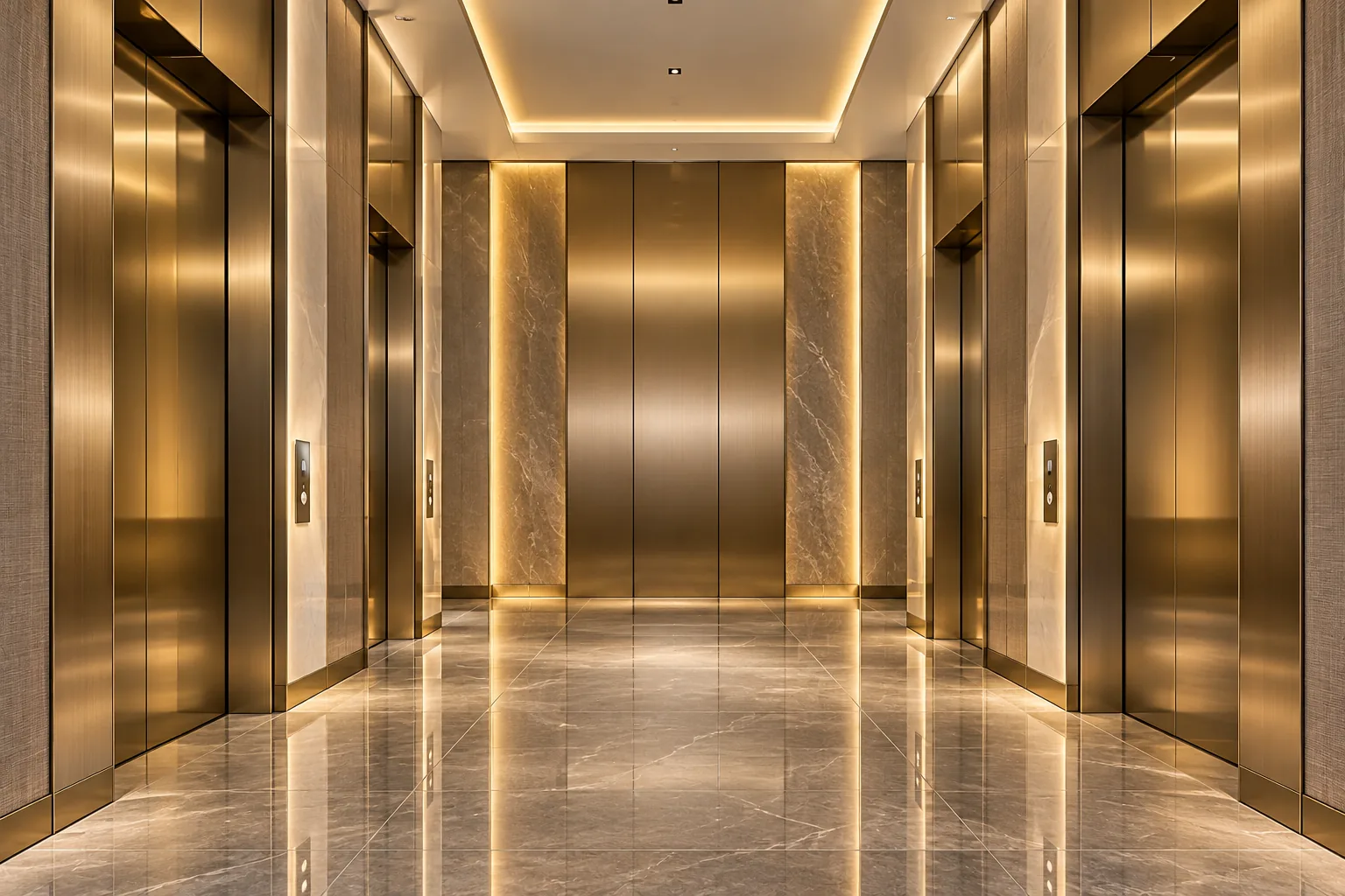 Lift lobby clad in champagne PVD stainless steel