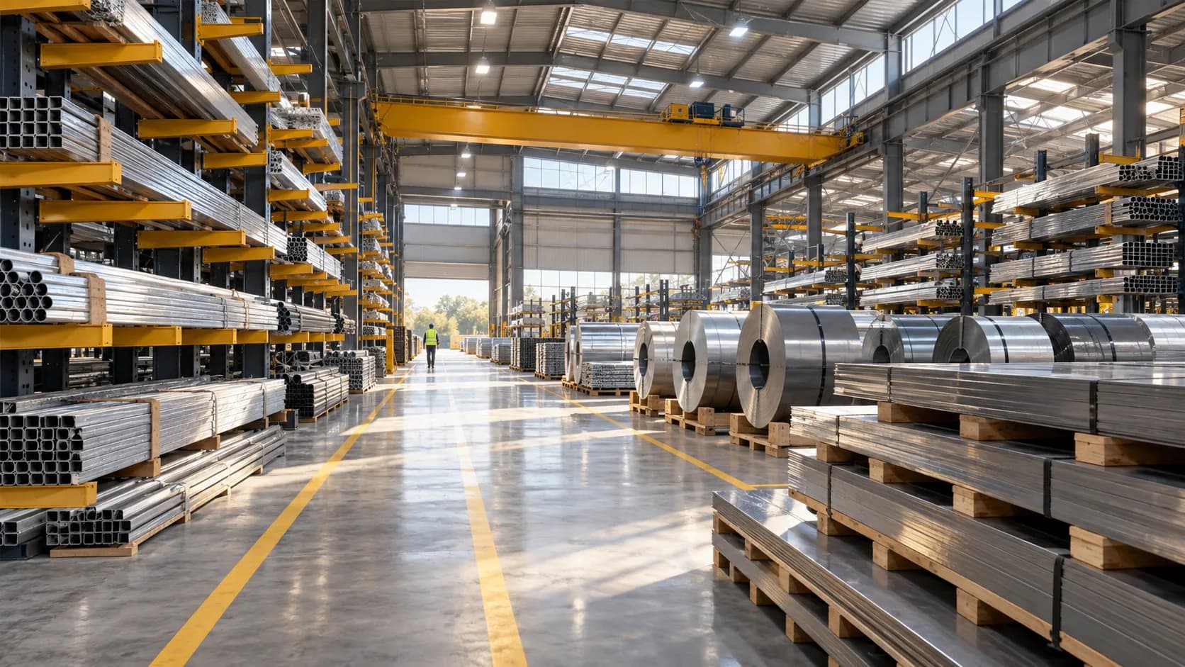 Metals warehouse with racks of sections, sheet and coil