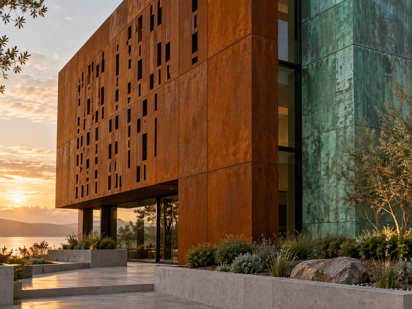 Weathering steel façade with laser-cut openings