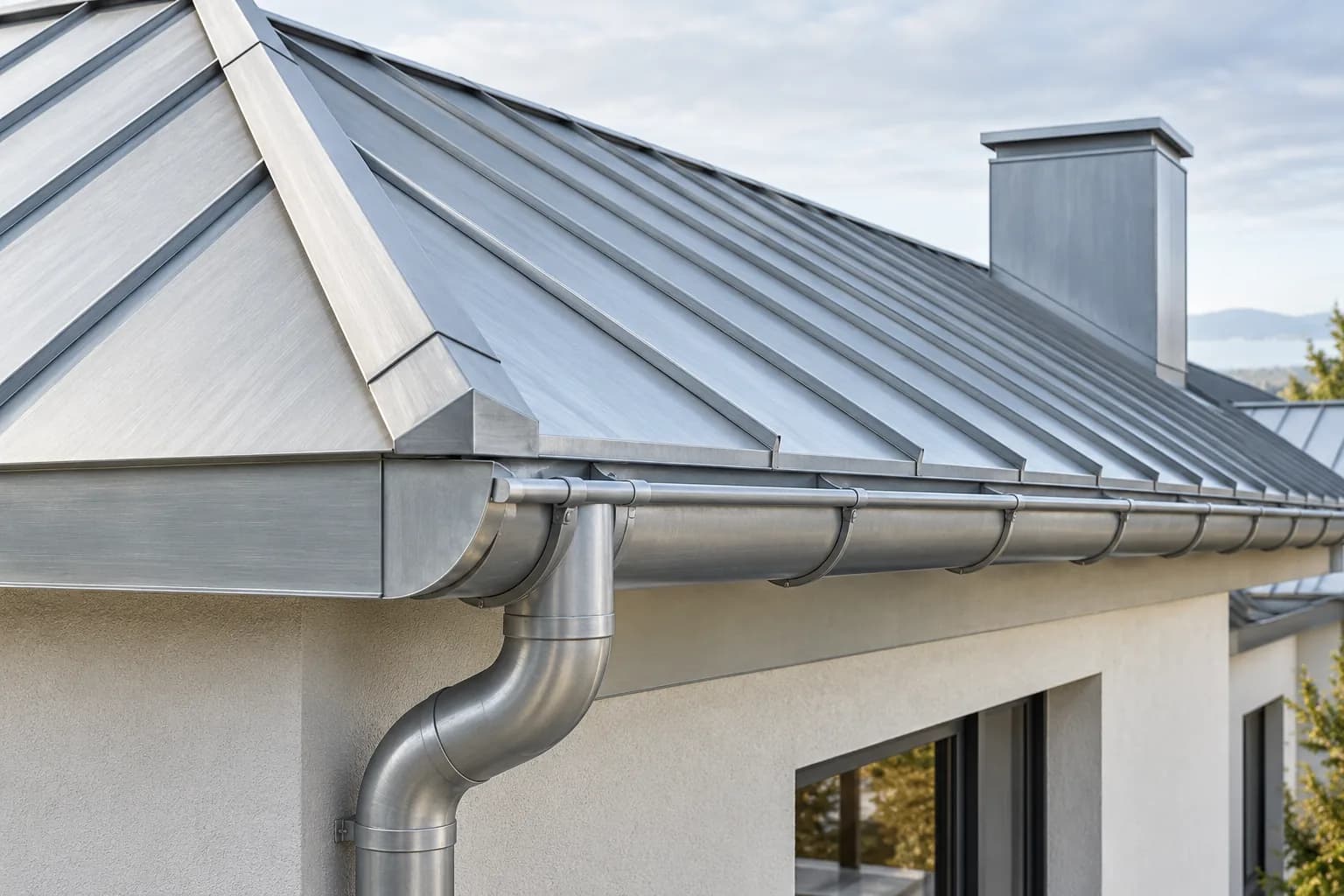 Titanium-zinc standing-seam roof with zinc gutter and downpipe